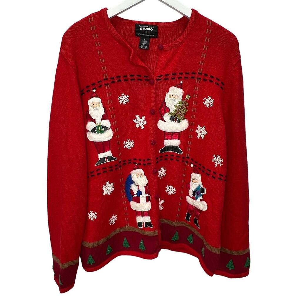 Designers Originals Studio Red Chirtsmas Cardigan Sweater Size XL Santa Trees
